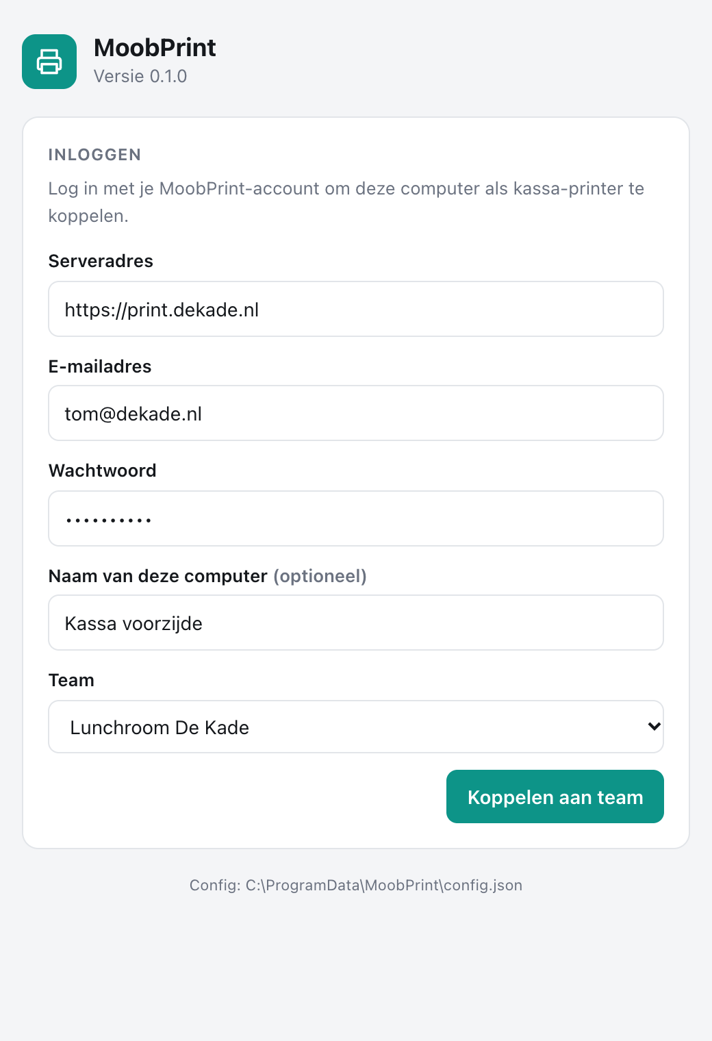 Inloggen in de MoobPrint-app met e-mail en wachtwoord en een team kiezen