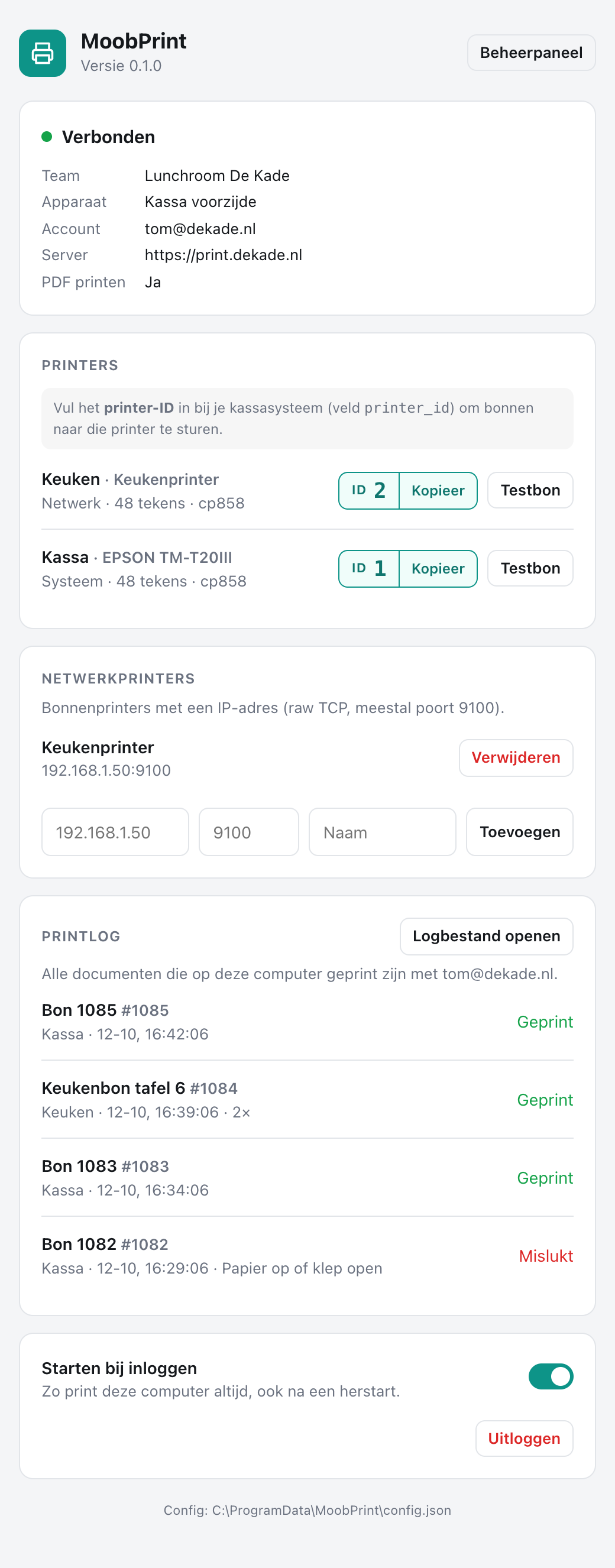 De MoobPrint-app: verbonden, met per printer het printer-ID en een kopieerknop