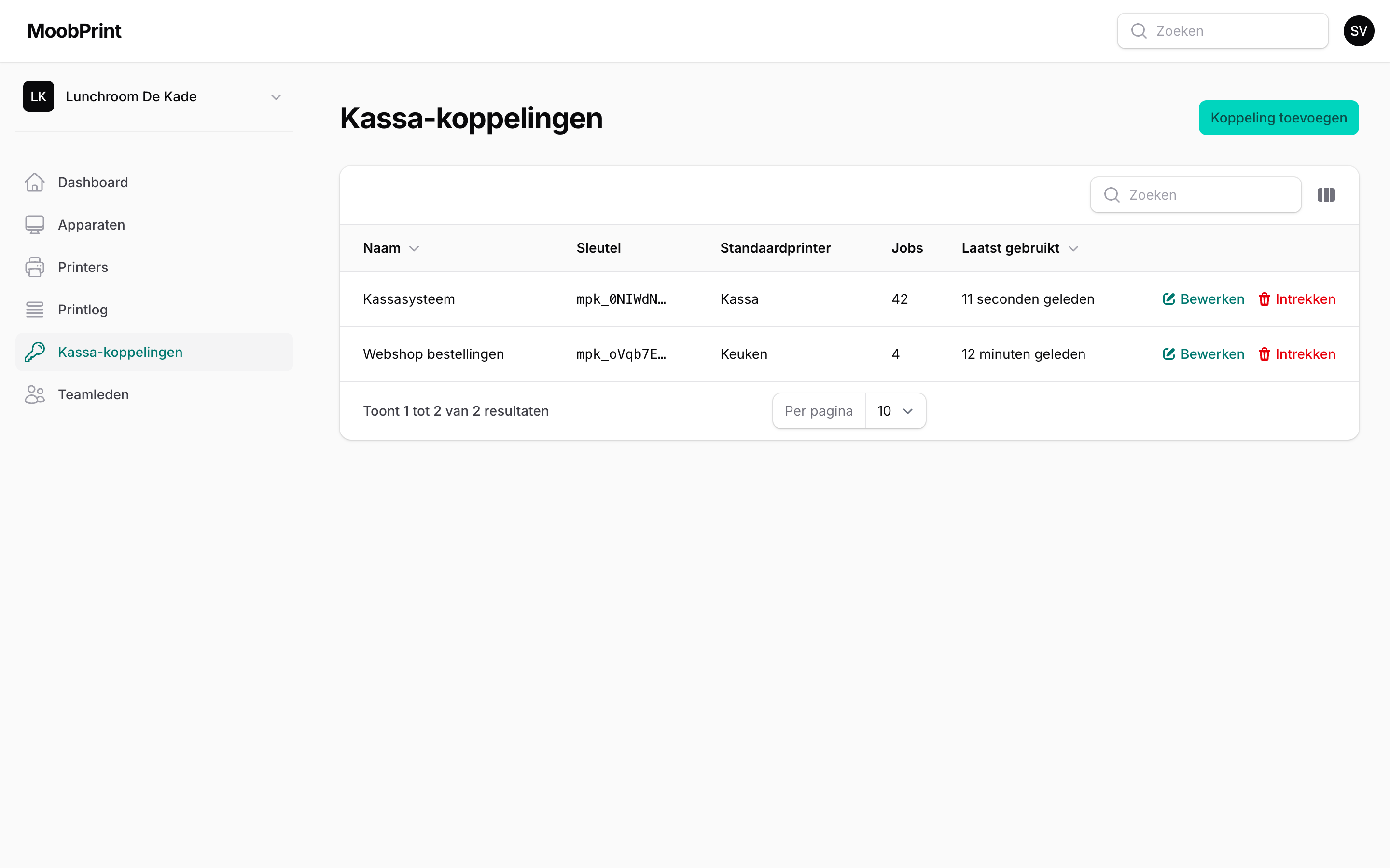 Kassa-koppelingen: Een eigen API-sleutel per kassasysteem of webshop, met standaardprinter.