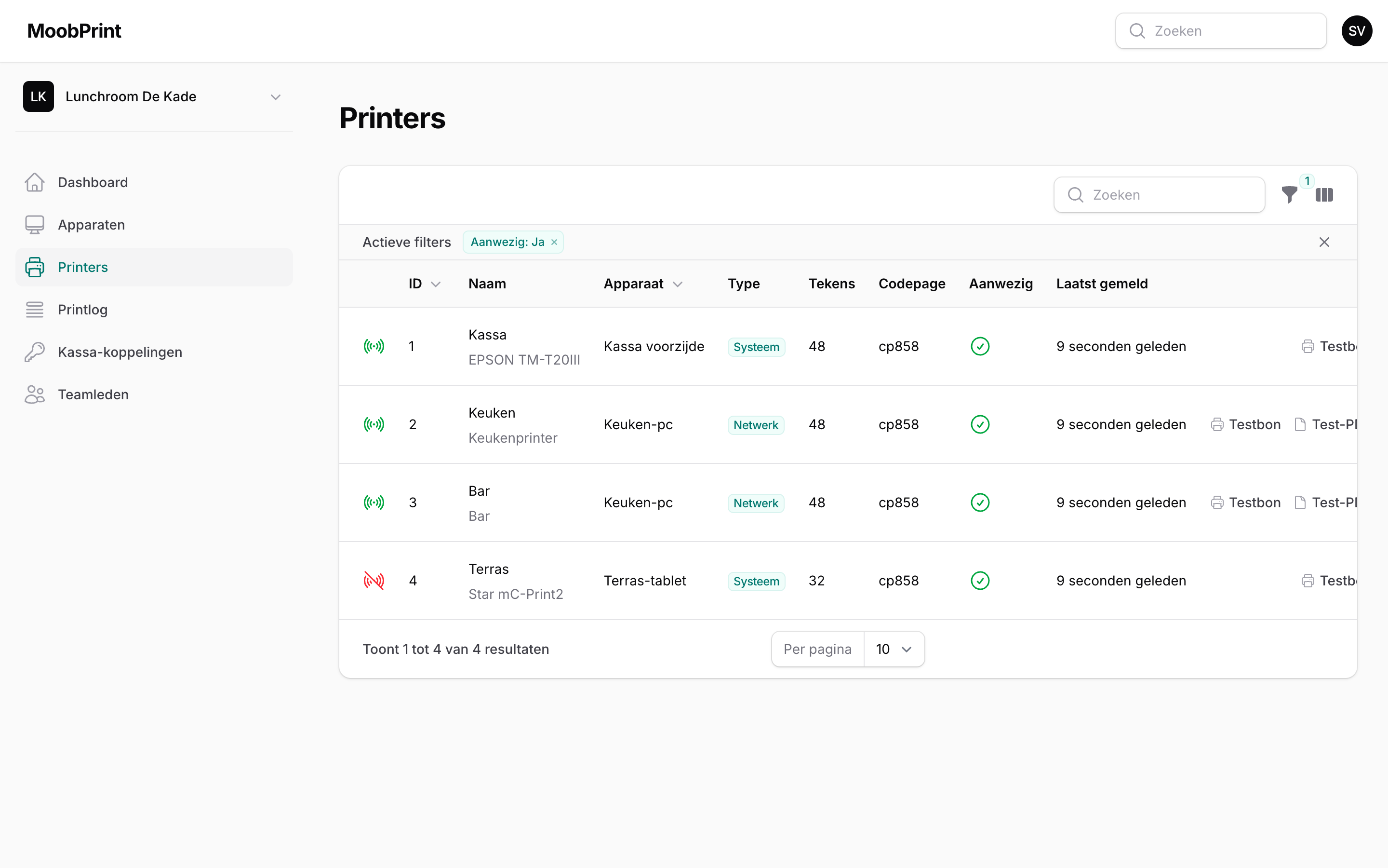 Printers: Alle printers met hun printer-ID, papierbreedte en een testbon-knop.