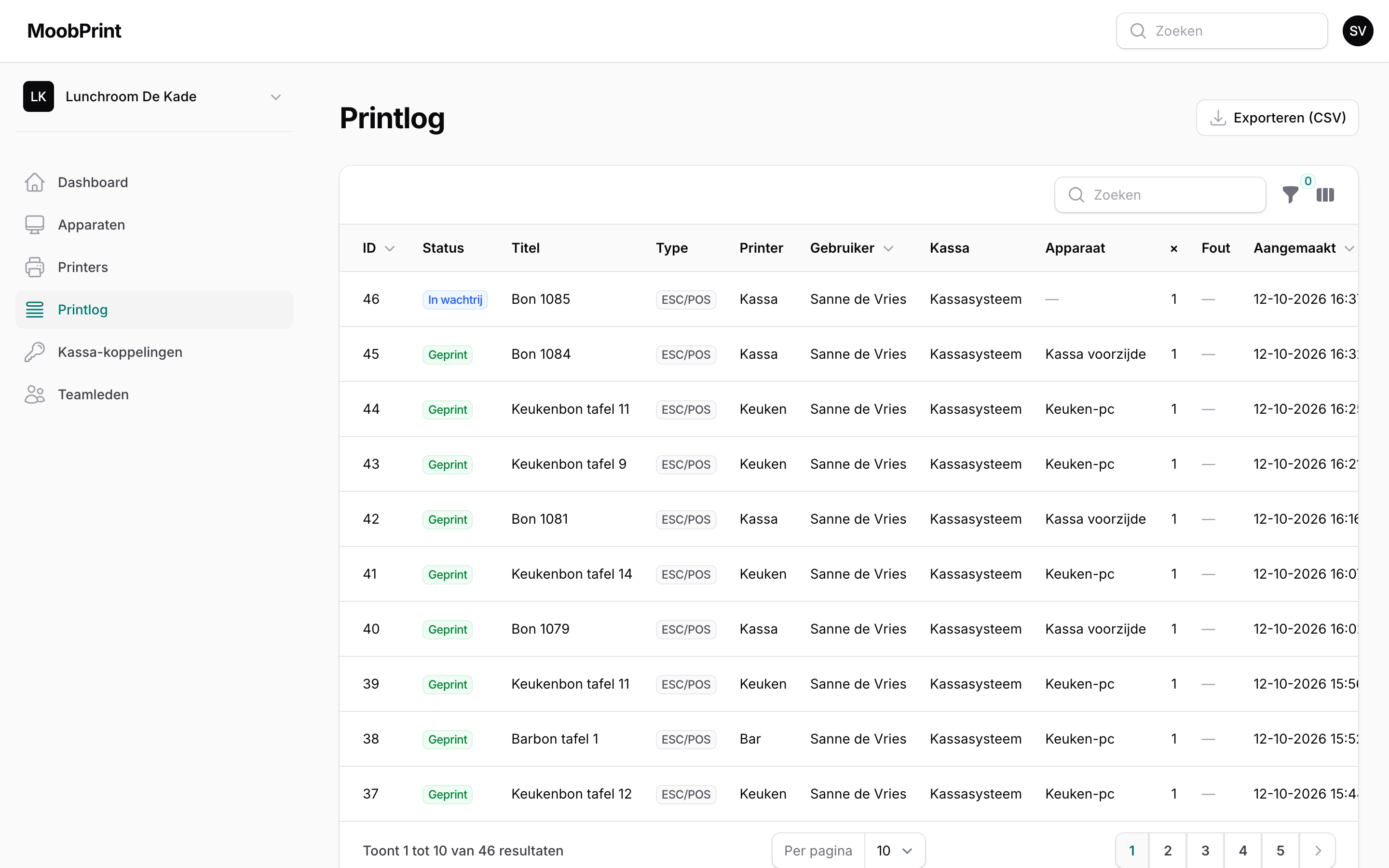 Printlog: Elke bon met status, printer, gebruiker en apparaat. Filteren en exporteren.